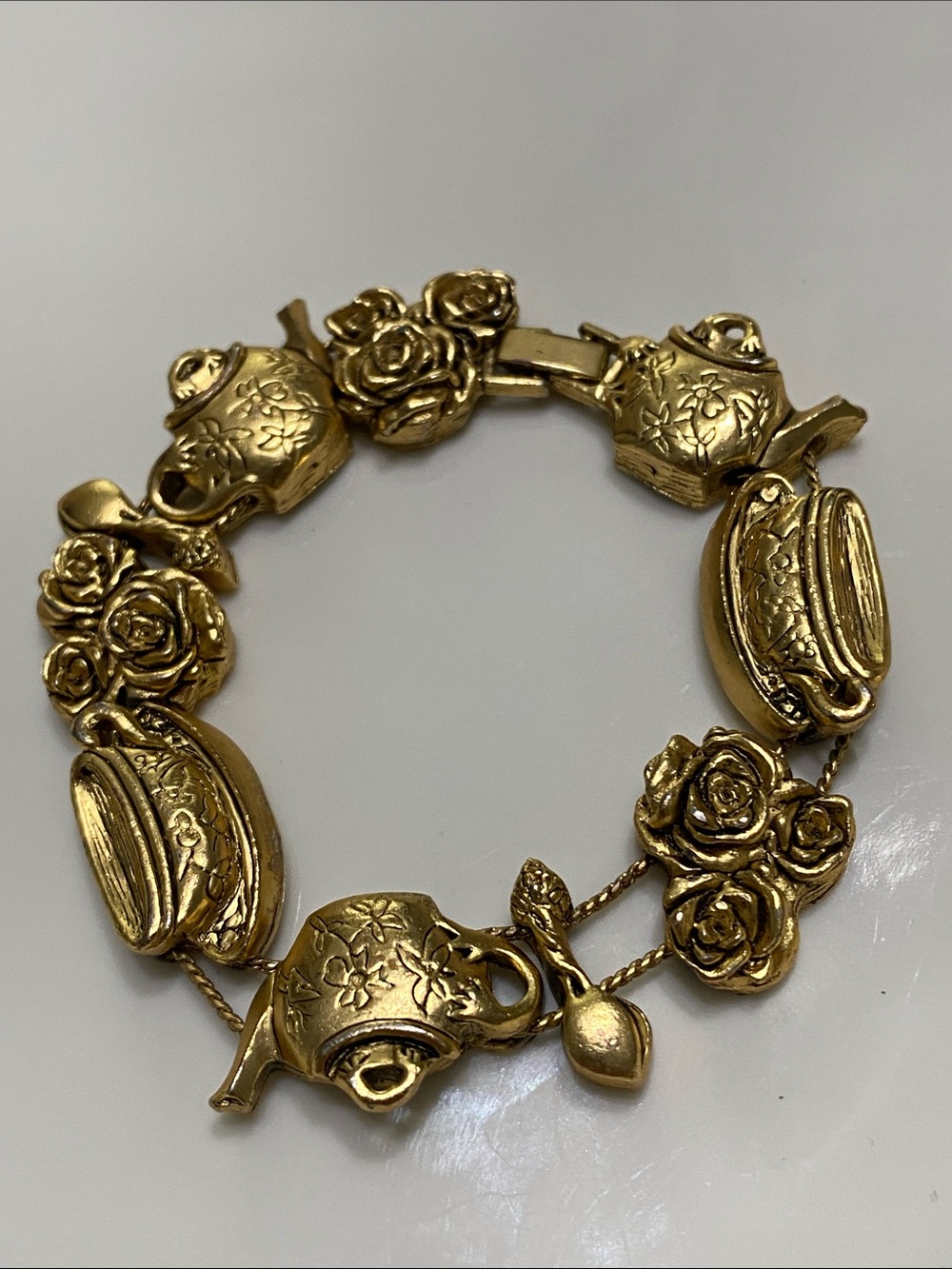 Vintage Antique Gold Tea Set & Rose Charm Slider Bracelet